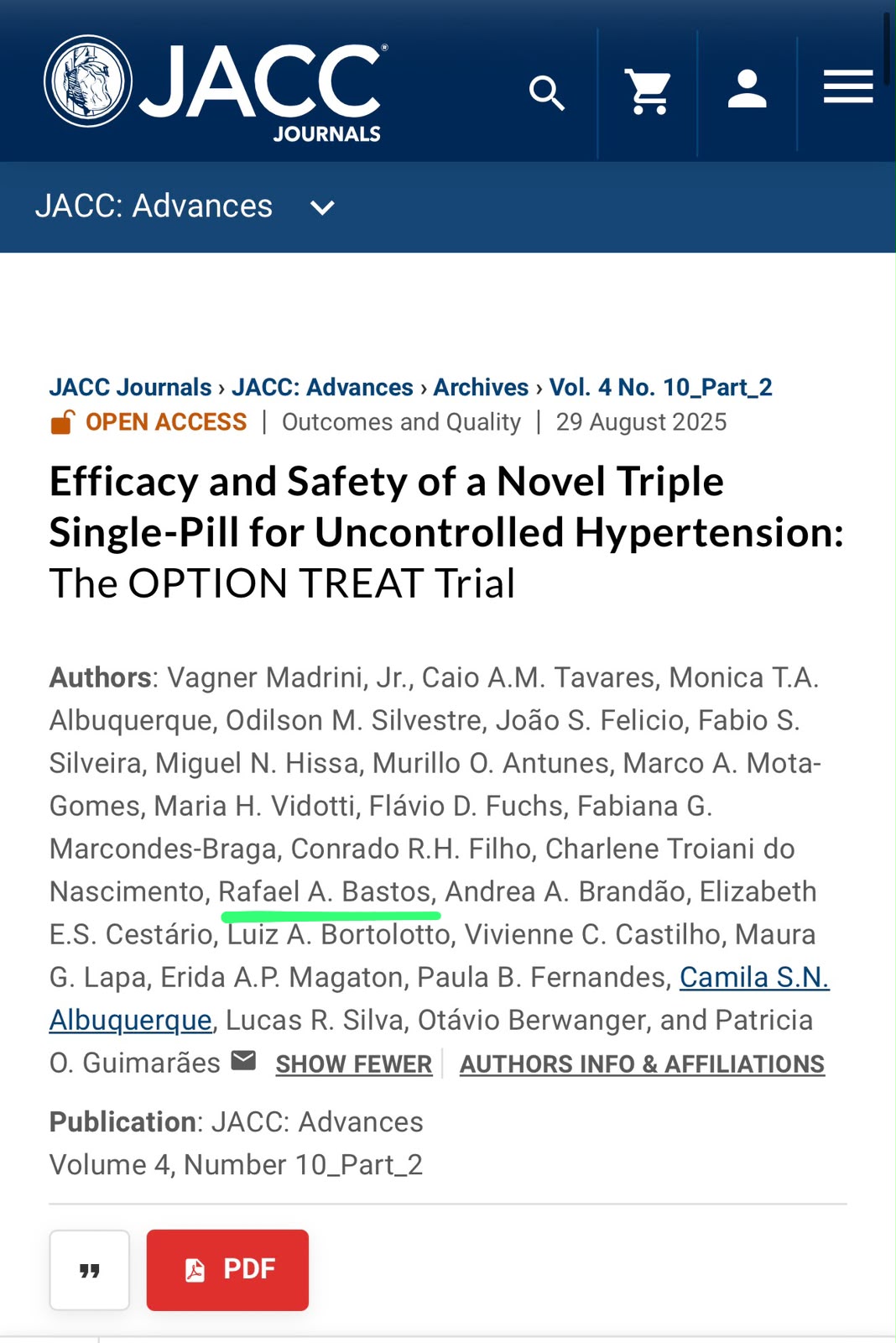 Publicação científica no JACC: Advances — Efficacy and Safety of a Novel Triple Single-Pill for Uncontrolled Hypertension: The OPTION TREAT Trial, com Rafael A. Bastos entre os autores